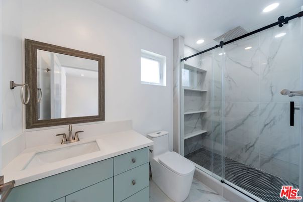Bathroom, Glass Shower, Interior, Marble, Marble Walls, Recessed Lighting