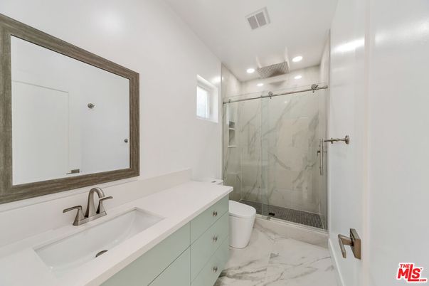 Bathroom, Glass Shower, Interior, Marble, Marble Walls, Recessed Lighting
