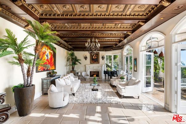 Chandelier, Fireplace, Interior, Living room, Recessed Lighting, Wooden Beams