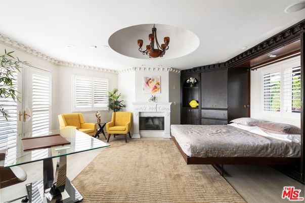 Bedroom, Chandelier, Fireplace, Interior, Wood Texture Flooring