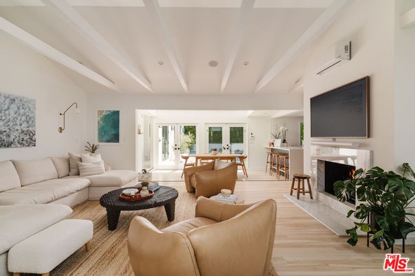 Dining room, Fireplace, Interior, Living room, Recessed Lighting, Wood Texture Flooring