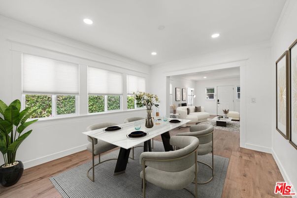 Dining room, Interior, Living room, Recessed Lighting, Wood Texture Flooring