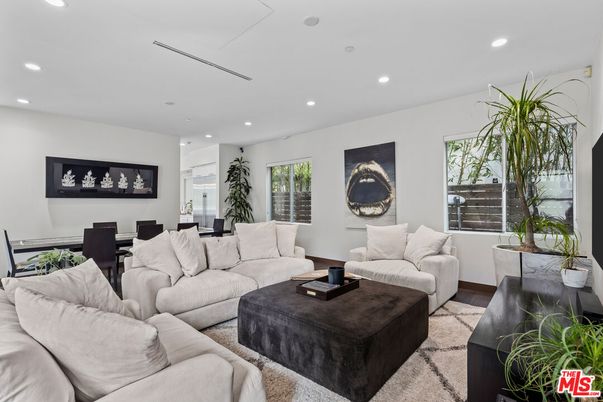 Dining room, Interior, Living room, Recessed Lighting, Wood Texture Flooring