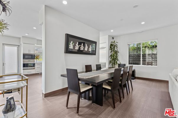 Dining room, Interior, Kitchen, Recessed Lighting, Stainless Steel Appliances, Wood Texture Flooring