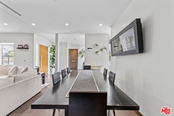 Dining room, Interior, Living room, Recessed Lighting, Wood Texture Flooring