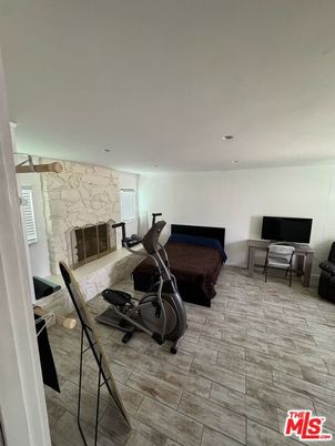 Fireplace, Fitness Equipment, Interior, Recessed Lighting, Stone Walls, Wood Texture Flooring