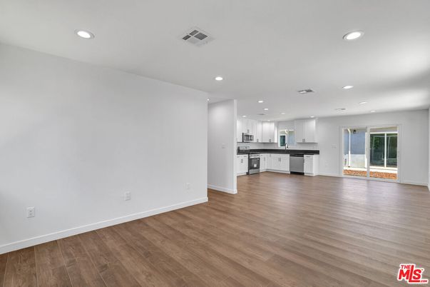 Empty room, Interior, Kitchen, Recessed Lighting, Wood Texture Flooring