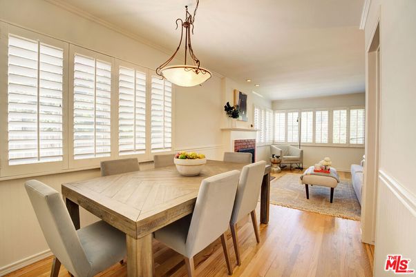 Dining room, Fireplace, Interior, Living room, Pendant Lights, Recessed Lighting, Wood Texture Flooring
