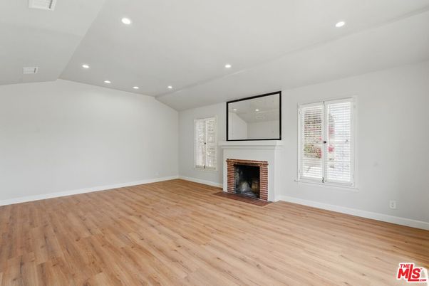 Empty room, Fireplace, Interior, Recessed Lighting, Wood Texture Flooring
