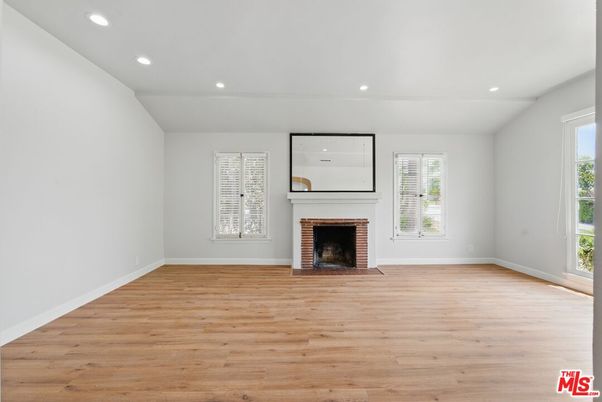 Empty room, Fireplace, Interior, Recessed Lighting, Wood Texture Flooring