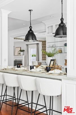 Fireplace, Interior, Kitchen, Pendant Lights, Recessed Lighting, Wood Texture Flooring