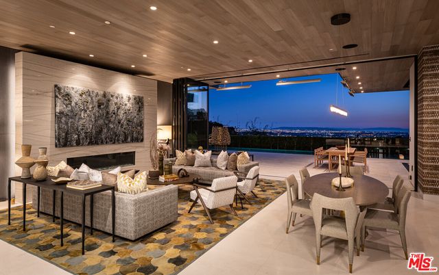 Dining room, Fireplace, Interior, Living room, Pendant Lights, Recessed Lighting, Wooden Ceilings