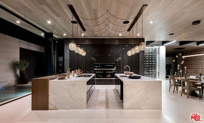 Dining room, Interior, Kitchen, Pendant Lights, Recessed Lighting, Stainless Steel Appliances, Wine Storage, Wooden Ceilings