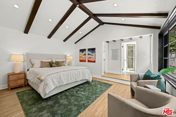 Bedroom, Interior, Recessed Lighting, Wooden Beams, Wood Texture Flooring