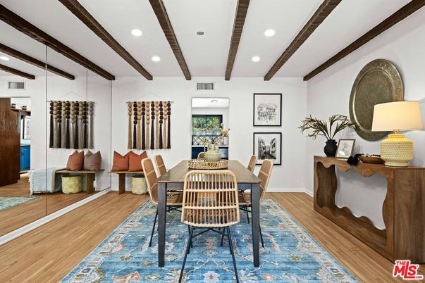 Dining room, Interior, Recessed Lighting, Wooden Beams, Wood Texture Flooring
