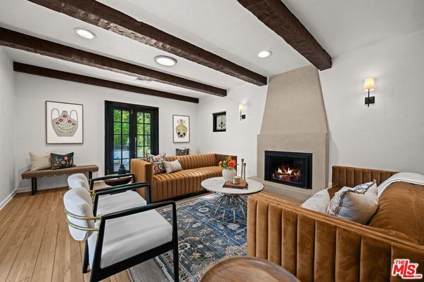 Fireplace, Interior, Living room, Recessed Lighting, Wooden Beams, Wood Texture Flooring