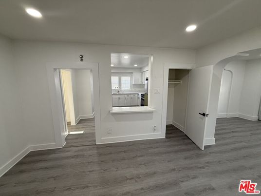 Empty room, Interior, Kitchen, Recessed Lighting, Wood Texture Flooring