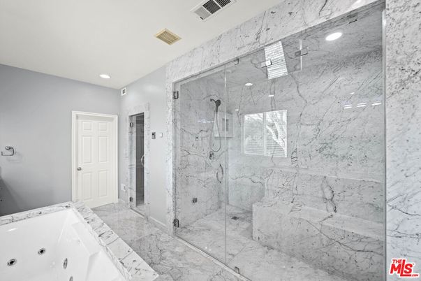 Bathroom, Glass Shower, Interior, Marble, Marble Walls, Recessed Lighting