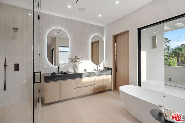 Bathroom, Dual Sink Vanities, Free Standing Baths, Glass Shower, Interior, Recessed Lighting, Wood Texture Flooring