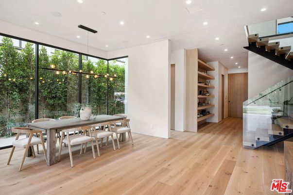 Dining room, Interior, Pendant Lights, Recessed Lighting, Wood Texture Flooring