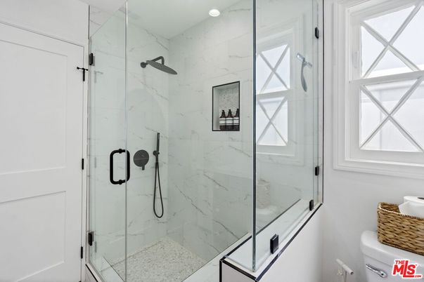 Bathroom, Glass Shower, Interior, Marble Walls, Recessed Lighting