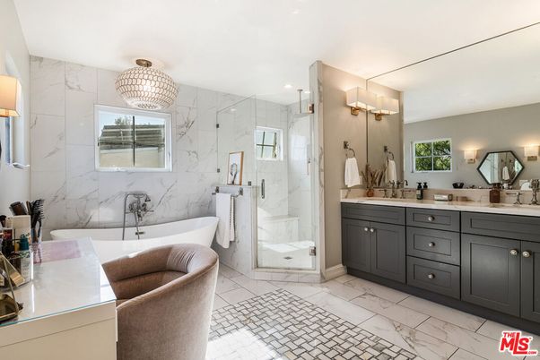 Bathroom, Dual Sink Vanities, Free Standing Baths, Glass Shower, Interior, Marble, Marble Walls