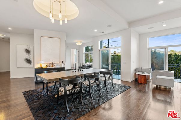 Dining room, Interior, Pendant Lights, Recessed Lighting, Wood Texture Flooring