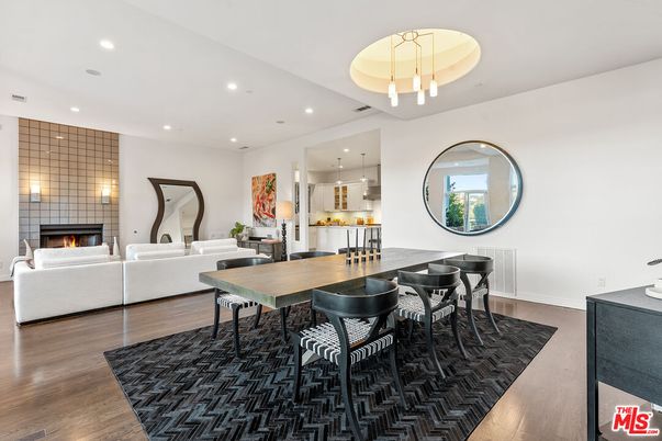 Dining room, Fireplace, Interior, Kitchen, Living room, Pendant Lights, Recessed Lighting, Wood Texture Flooring