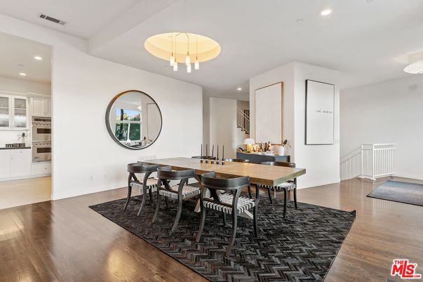 Dining room, Interior, Kitchen, Pendant Lights, Recessed Lighting, Wood Texture Flooring