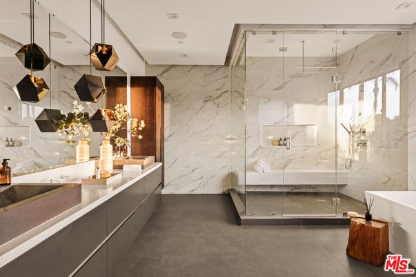 Bathroom, Glass Shower, Interior, Marble Walls, Pendant Lights, Recessed Lighting