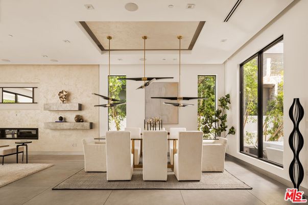 Dining room, Fireplace, Interior, Pendant Lights, Recessed Lighting, Stone Walls
