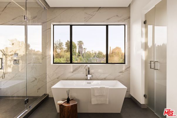 Bathroom, Free Standing Baths, Glass Shower, Interior, Marble Walls