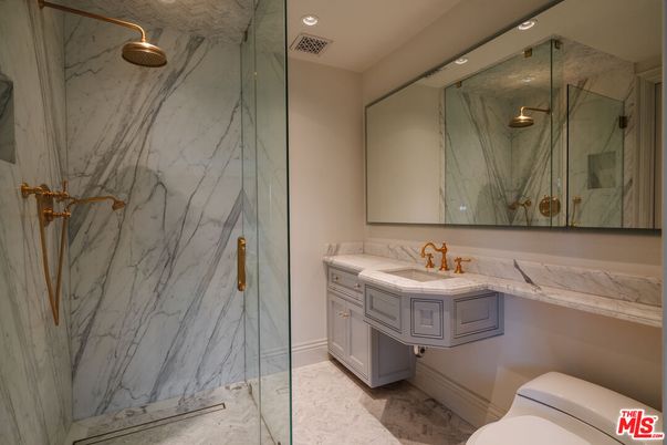 Bathroom, Glass Shower, Interior, Marble, Marble Walls, Recessed Lighting