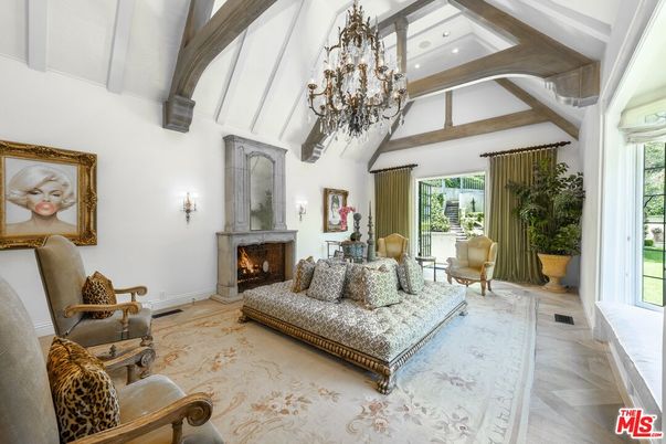 Chandelier, Fireplace, Interior, Living room, Recessed Lighting, Wooden Beams, Wood Texture Flooring