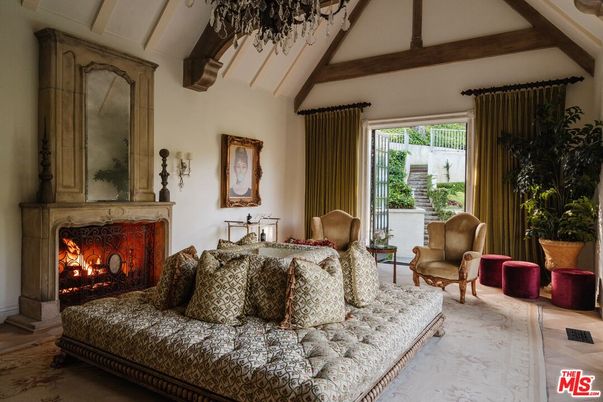 Chandelier, Fireplace, Interior, Living room, Wooden Beams