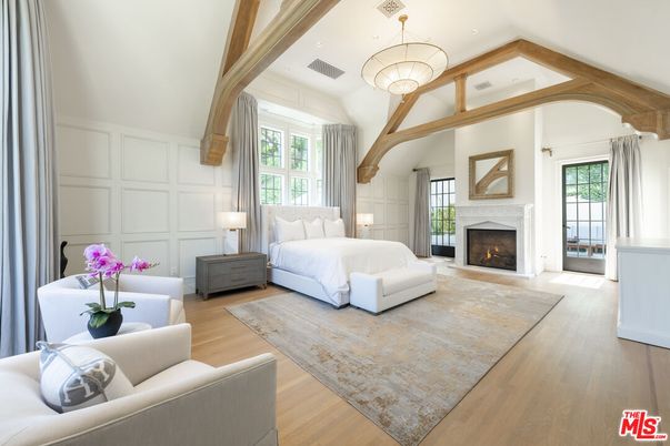 Bedroom, Fireplace, Interior, Pendant Lights, Wooden Beams, Wood Texture Flooring