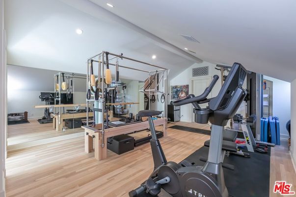 Fitness Equipment, Gym, Interior, Recessed Lighting, Wood Texture Flooring