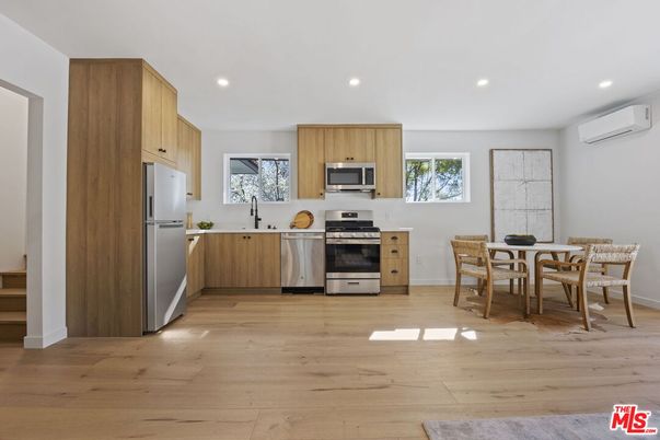Dining room, Interior, Kitchen, Recessed Lighting, Stainless Steel Appliances, Wood Texture Flooring