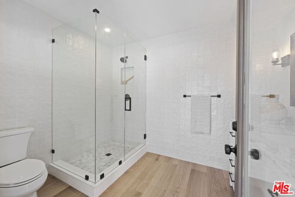 Bathroom, Glass Shower, Interior, Recessed Lighting, Wood Texture Flooring