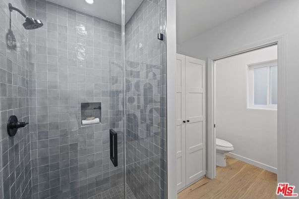 Bathroom, Glass Shower, Interior, Recessed Lighting, Wood Texture Flooring
