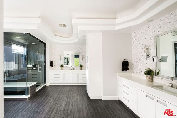 Bathroom, Dual Sink Vanities, Glass Shower, Interior, Recessed Lighting, Wood Texture Flooring