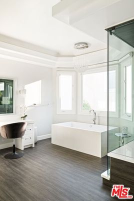 Bathroom, Chandelier, Free Standing Baths, Interior, Wood Texture Flooring