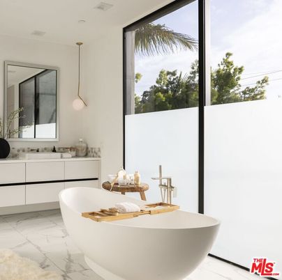 Bathroom, Dual Sink Vanities, Free Standing Baths, Interior, Marble, Pendant Lights