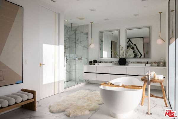 Bathroom, Dual Sink Vanities, Free Standing Baths, Glass Shower, Interior, Marble, Marble Walls, Pendant Lights, Recessed Lighting
