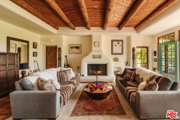 Fireplace, Interior, Living room, Recessed Lighting, Wooden Beams, Wooden Ceilings
