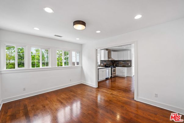 Empty room, Interior, Kitchen, Recessed Lighting, Wood Texture Flooring