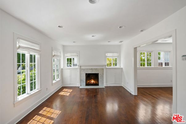Empty room, Fireplace, Interior, Recessed Lighting, Wood Texture Flooring
