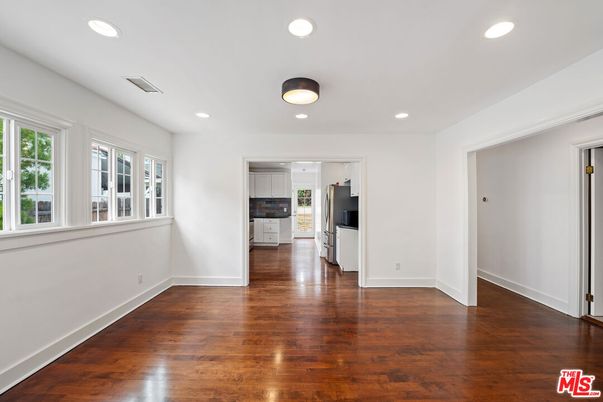 Empty room, Interior, Kitchen, Recessed Lighting, Wood Texture Flooring