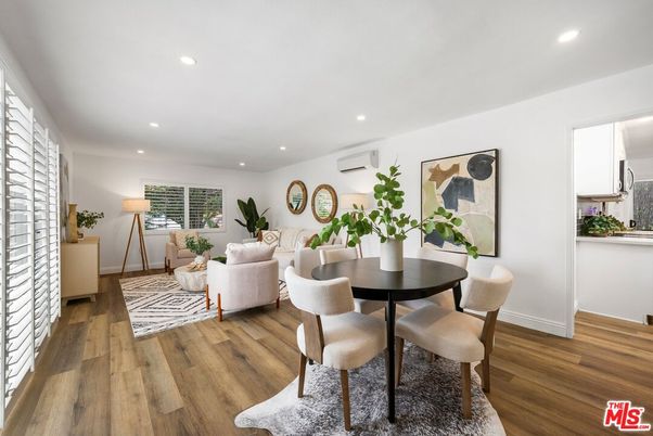 Dining room, Interior, Living room, Recessed Lighting, Wood Texture Flooring