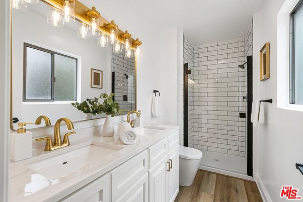 Bathroom, Dual Sink Vanities, Glass Shower, Interior, Wood Texture Flooring